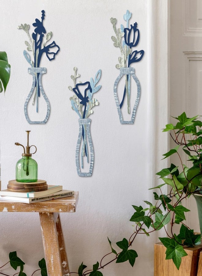 Putuo Decor 3 Pieces Wood Flowers Wall Decor Rustic Farmhouse Decor Blue Minimalist Flower Wall Art Modern Floral Vase for Living Room Bathroom Bedroom Dining Room - Image 5