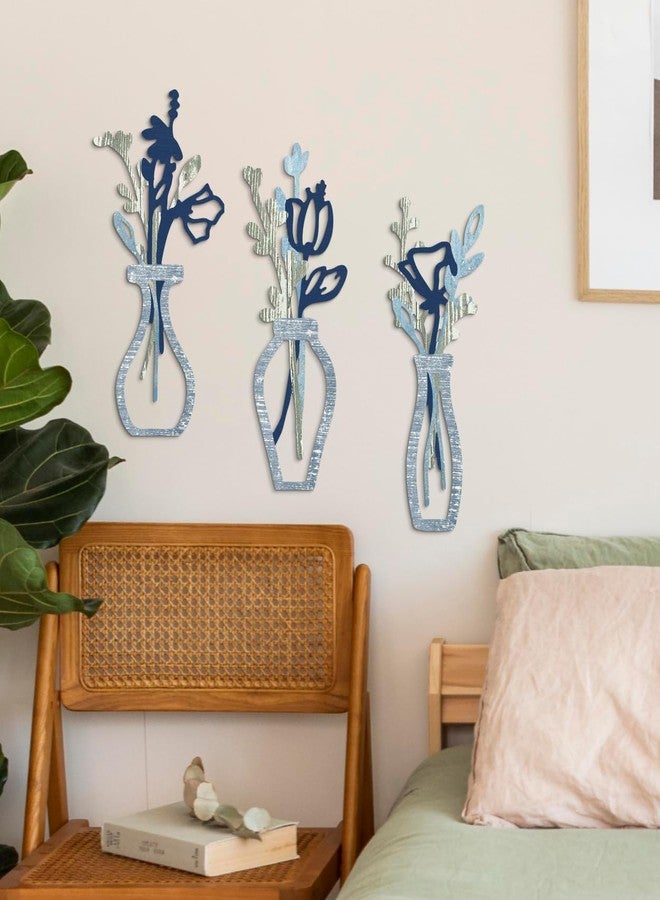 Putuo Decor 3 Pieces Wood Flowers Wall Decor Rustic Farmhouse Decor Blue Minimalist Flower Wall Art Modern Floral Vase for Living Room Bathroom Bedroom Dining Room - Image 3