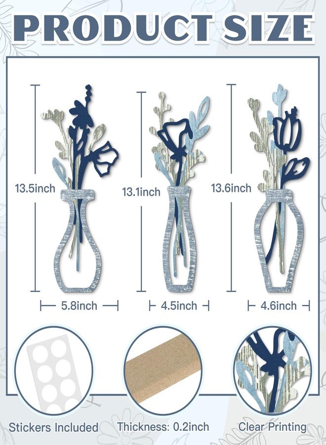 Putuo Decor 3 Pieces Wood Flowers Wall Decor Rustic Farmhouse Decor Blue Minimalist Flower Wall Art Modern Floral Vase for Living Room Bathroom Bedroom Dining Room - Image 2