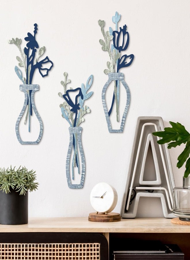 Putuo Decor 3 Pieces Wood Flowers Wall Decor Rustic Farmhouse Decor Blue Minimalist Flower Wall Art Modern Floral Vase for Living Room Bathroom Bedroom Dining Room - Image 4