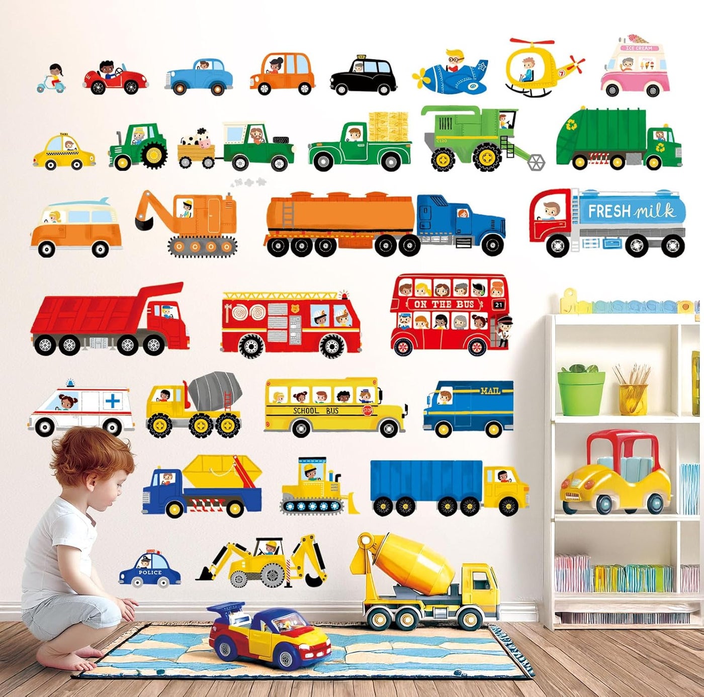 DECOWALL DS98064 Transport and Vehicles Wall Stickers Decals for Kids Toddler Bedroom dcor car Boys Truck Construction Room Peel and Stick Excavator fire Truck Nursery Living Baby
