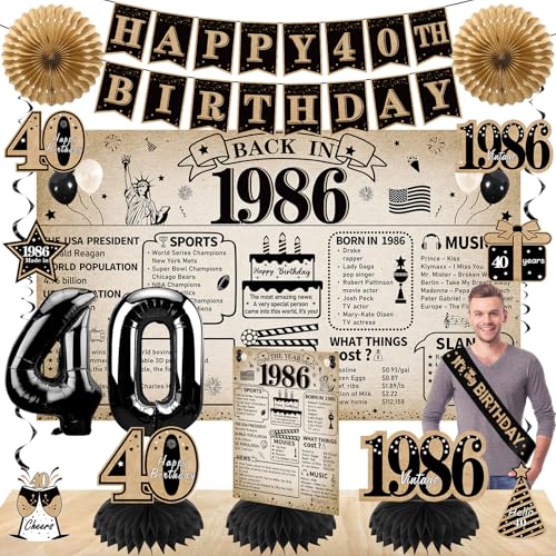 Eucutur 15PCS Newspaper 40th Birthday Decoration Kit for Men Women Vintage 1986 Bday Banner Balloon Honeycomb Centerpiece Swirl Party Supplies Cheer to 40 Year Sash Paper Fan Set - Image 1