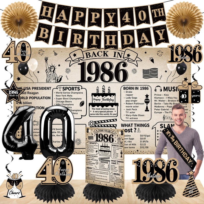 Eucutur 15PCS Newspaper 40th Birthday Decoration Kit for Men Women Vintage 1986 Bday Banner Balloon Honeycomb Centerpiece Swirl Party Supplies Cheer to 40 Year Sash Paper Fan Set - Image 2