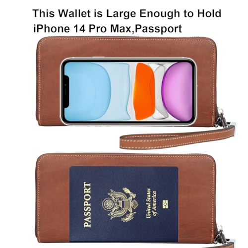 Lavemi Women's RFID Blocking 100% Leather Large Capacity Zip Around Wallet Phone Holder Clutch Travel Purse Wristlet(Large Size Vintage Brown) - Image 5