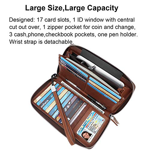 Lavemi Women's RFID Blocking 100% Leather Large Capacity Zip Around Wallet Phone Holder Clutch Travel Purse Wristlet(Large Size Vintage Brown) - Image 3