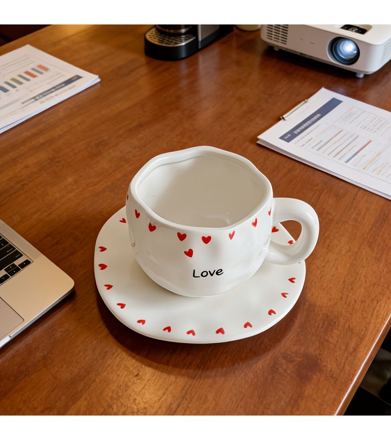 Love Heart Pattern Hand Painted Ceramic Cup And Saucer Set - Image 1