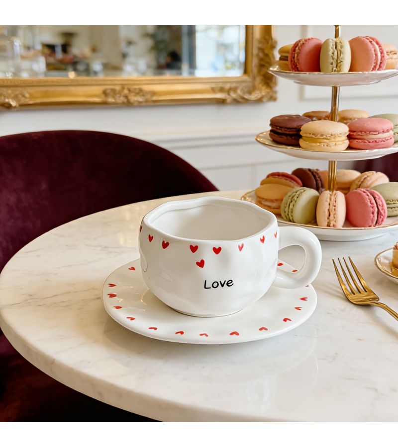 Love Heart Pattern Hand Painted Ceramic Cup And Saucer Set - Image 4
