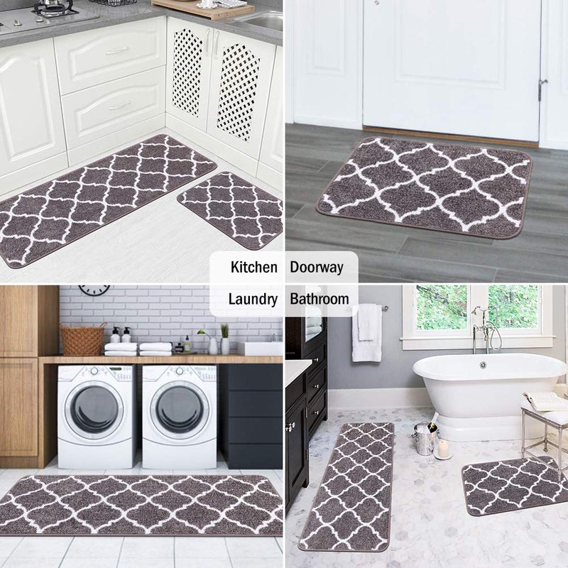 Carvapet 2 Piece Kitchen Rugs and Mats Set Absorbent Microfiber Floor Mats with Non Slip Backing Moroccan Trellis Kitchen Mat and Runner Set 17 x 48 and 17 x 24 Inch Gray - Image 3