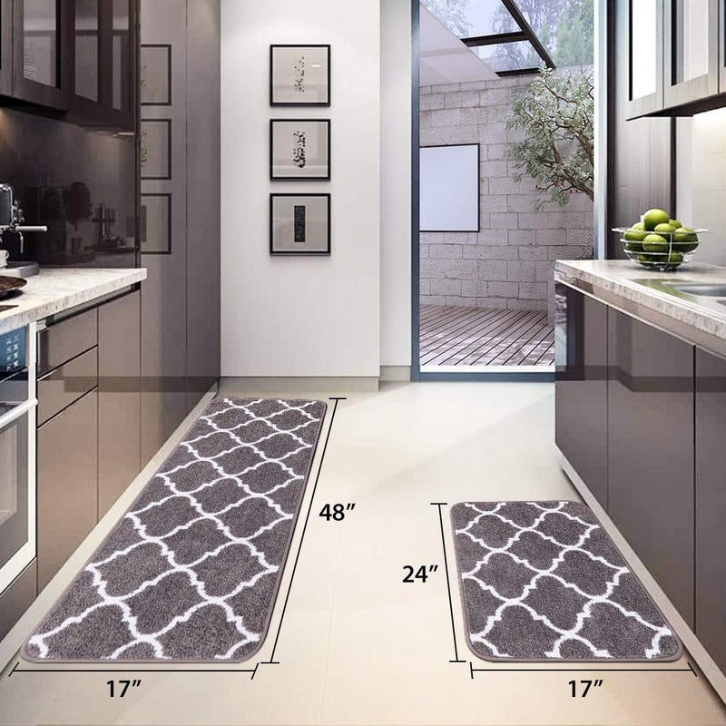 Carvapet 2 Piece Kitchen Rugs and Mats Set Absorbent Microfiber Floor Mats with Non Slip Backing Moroccan Trellis Kitchen Mat and Runner Set 17 x 48 and 17 x 24 Inch Gray - Image 4