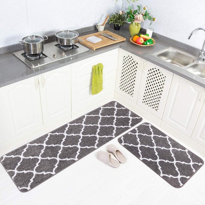 Carvapet 2 Piece Kitchen Rugs and Mats Set Absorbent Microfiber Floor Mats with Non Slip Backing Moroccan Trellis Kitchen Mat and Runner Set 17 x 48 and 17 x 24 Inch Gray - Image 1