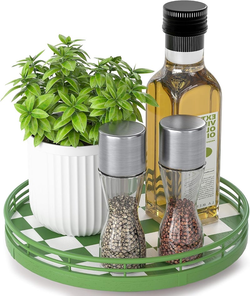 AMH Premium Rubber Wood Lazy Susan Turntable, Green White Checkerboard Decorative Serving Tray, Hand-Welded Metal Railing, Stable Rotating Organizer for Dining Table, Kitchen Counter, Coffee Table Decor - Image 1