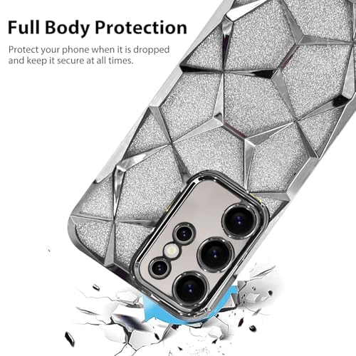 VONZEE Gradient Glitter Case for Samsung S23 Ultra, Luxury Electroplated 3D Cube, Diamond Bling Shiny Soft TPU Clear Shockproof Women Girls Protective Phone Cover (Silver) - Image 3