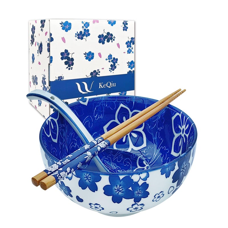 KeQiu Porcelain Japanese Bowl with Non-slip Spoon and Chopsticks, 6 Inch Cereal Bowl for Ramen, Noodle, Soup, Oatmeal, Dishwasher & Microwave Safe, Floral Pattern, 24 Oz Bowl with Spoon and Chopsticks - Image 1