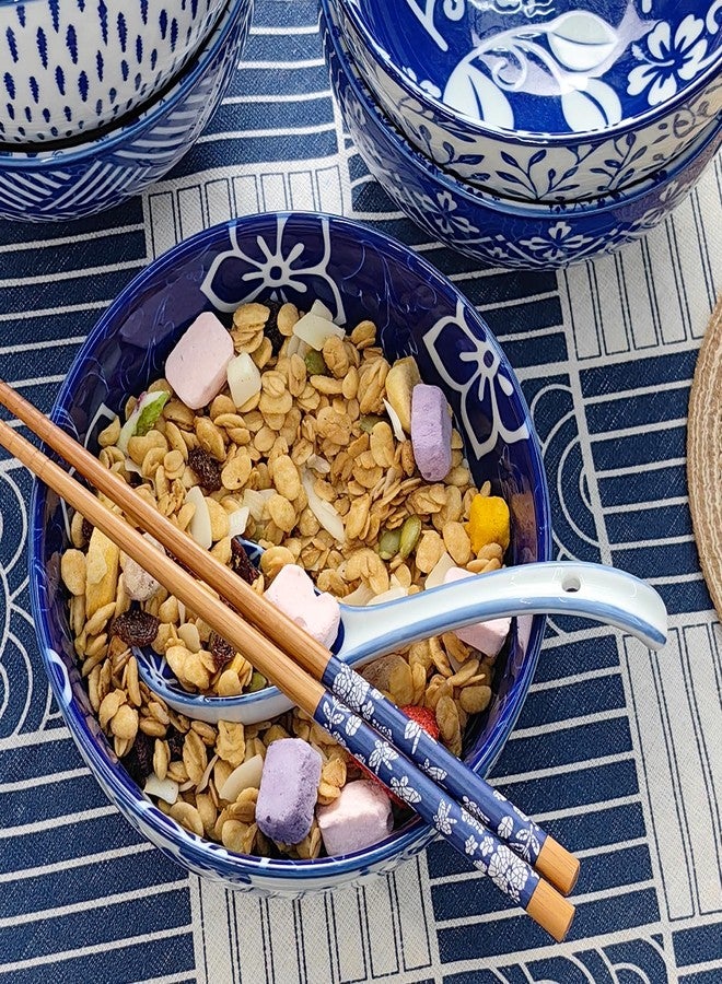 KeQiu Porcelain Japanese Bowl with Non-slip Spoon and Chopsticks, 6 Inch Cereal Bowl for Ramen, Noodle, Soup, Oatmeal, Dishwasher & Microwave Safe, Floral Pattern, 24 Oz Bowl with Spoon and Chopsticks - Image 3