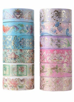 Y&D Bronzing Paper Tape Set, Floral Silver Foil Masking 15mm Width Suitable for Decorating Hand Account Diary Photos DIY Scrapbook Card Crafts (12 Pcs)  - Image 1