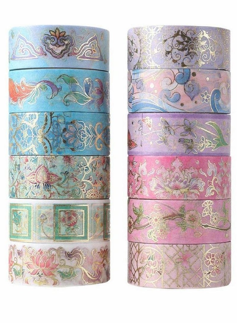 Y&D Bronzing Paper Tape Set, Floral Silver Foil Masking 15mm Width Suitable for Decorating Hand Account Diary Photos DIY Scrapbook Card Crafts (12 Pcs)  - Image 1