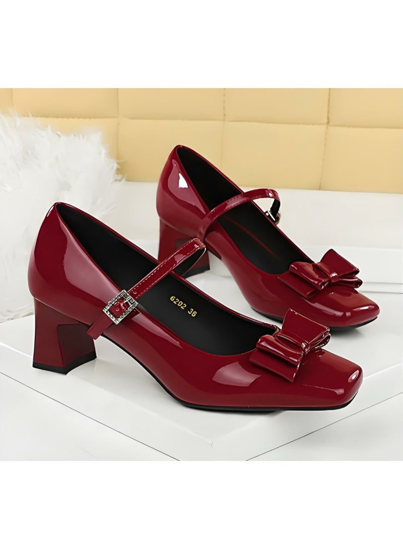 بيج تري جلد براءة الاختراع ماري جين أحذية الكعب المنخفض المغلق مربع إصبع القدم أحذية النبيذ الأحمر - Image 2