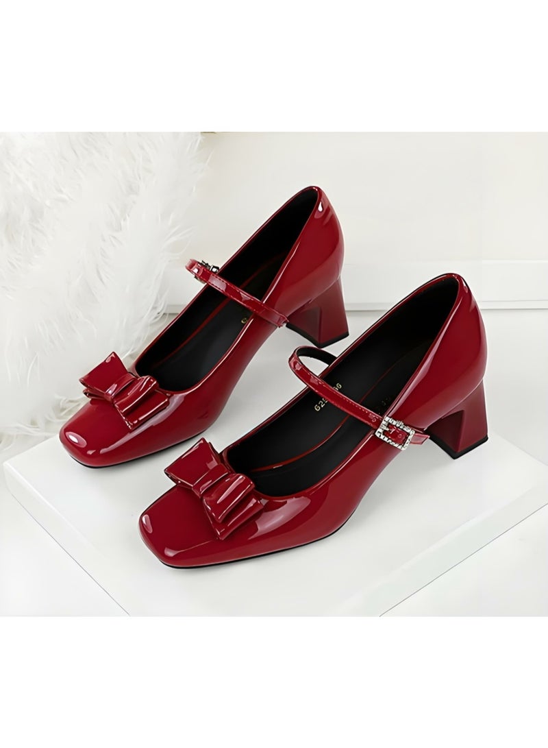 بيج تري جلد براءة الاختراع ماري جين أحذية الكعب المنخفض المغلق مربع إصبع القدم أحذية النبيذ الأحمر - Image 1