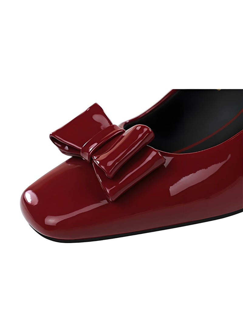 بيج تري جلد براءة الاختراع ماري جين أحذية الكعب المنخفض المغلق مربع إصبع القدم أحذية النبيذ الأحمر - Image 3