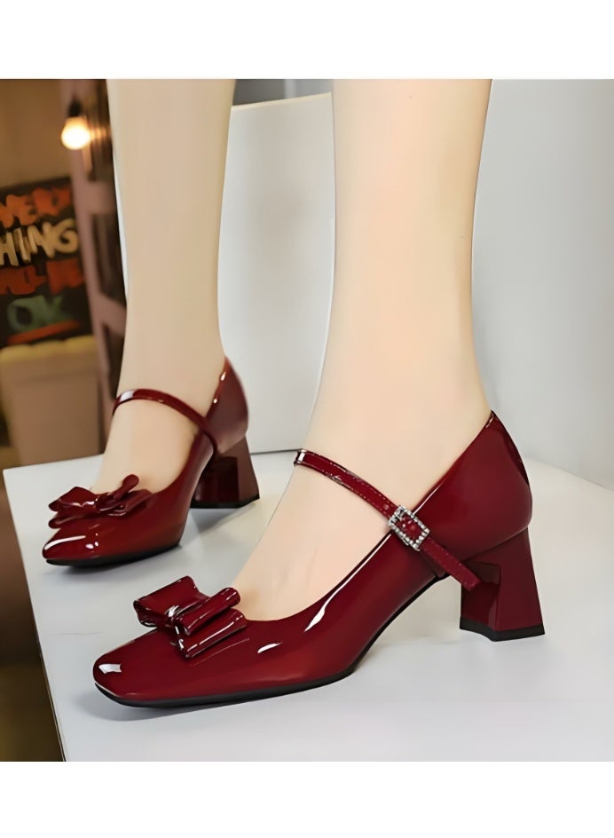 بيج تري جلد براءة الاختراع ماري جين أحذية الكعب المنخفض المغلق مربع إصبع القدم أحذية النبيذ الأحمر - Image 4