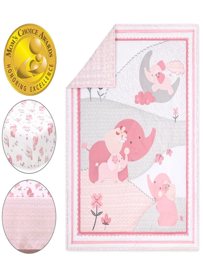 The Peanut Shell The Peanutshell 3 Piece Baby Crib Bedding Set for Girls - Newborn, Infant & Toddler Nursery Bed Set Decor with Fitted Crib Sheet, Dust Ruffle Comforter - Pink Elephant - Image 2