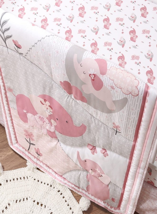 The Peanut Shell The Peanutshell 3 Piece Baby Crib Bedding Set for Girls - Newborn, Infant & Toddler Nursery Bed Set Decor with Fitted Crib Sheet, Dust Ruffle Comforter - Pink Elephant - Image 5