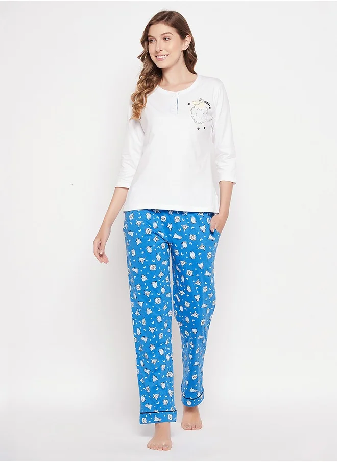 كلوفيا Clovia Sheep Print Top in White & Pyjama in Sky Blue - 100% Cotton