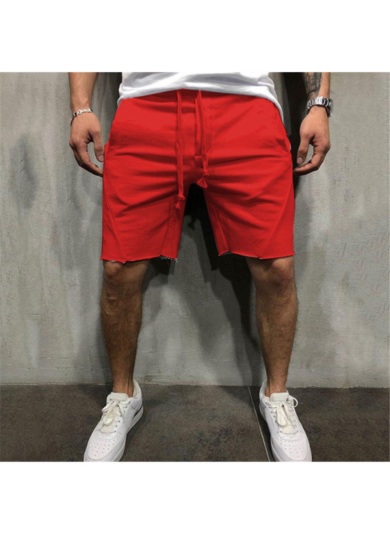 Cross-border European and American Fitness Mens Solid Color Running Thin Light Plate Logo-free Shorts Leisure Sports wish Amazon Red 