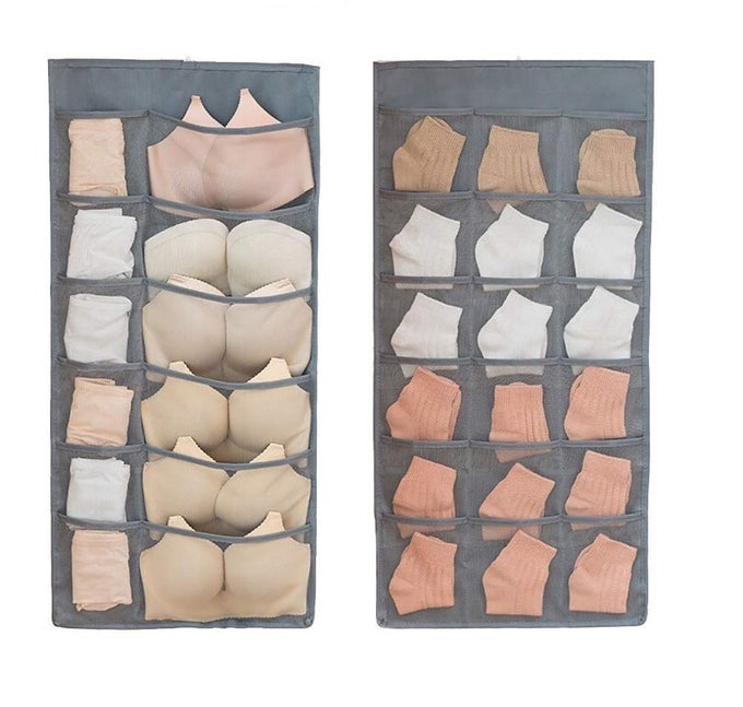 CLOSET HANGING ORGANIZER WITH MESH POCKETS ROTATING METAL HANGERDUAL SIDED WALL SHELF WARDROBE STORAGE BAGSOXFORD CLOTH SPACE SAVER BAG FOR BRA UNDERWEAR UNDERPANTS SOCKS GRAY