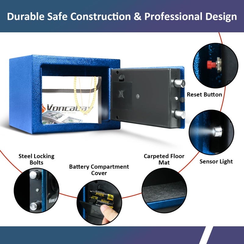 Voncabay Money Safe Box For Home With Sensor Light & Fireproof Security Safe Box For Money Safe With Keys & Pass Code  Lock Box Fireproof Safe With Digital Keypad Blue - Image 5