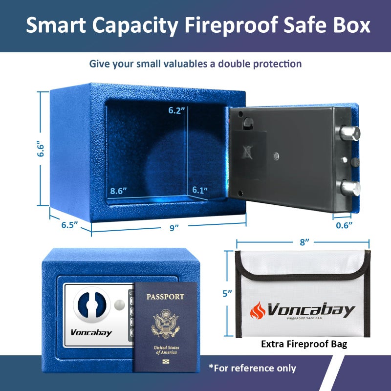 Voncabay Money Safe Box For Home With Sensor Light & Fireproof Security Safe Box For Money Safe With Keys & Pass Code  Lock Box Fireproof Safe With Digital Keypad Blue - Image 4