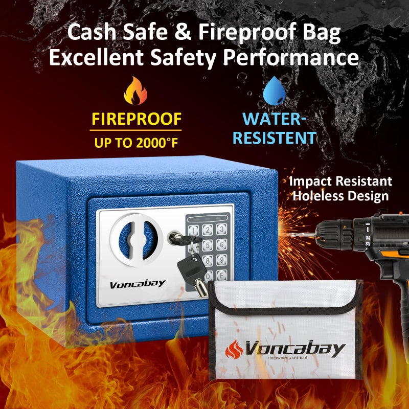 Voncabay Money Safe Box For Home With Sensor Light & Fireproof Security Safe Box For Money Safe With Keys & Pass Code  Lock Box Fireproof Safe With Digital Keypad Blue - Image 3