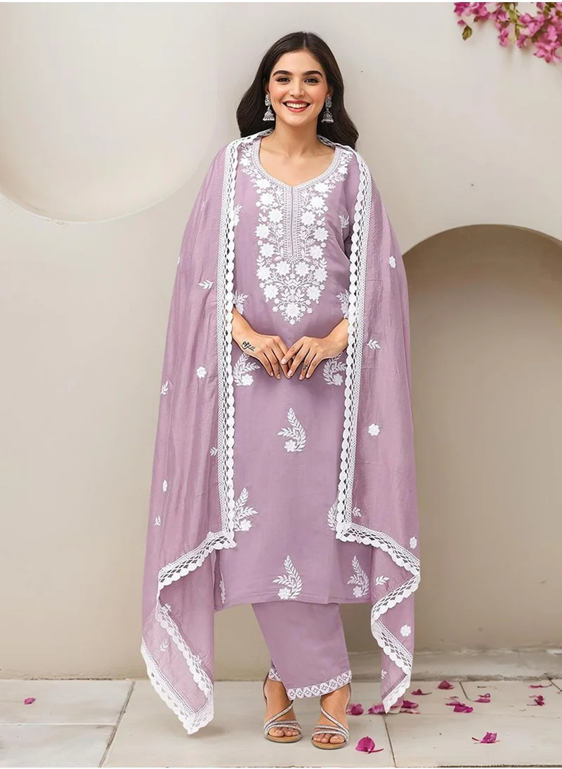 آي شين Women's Lavender Modal Chanderi Printed Tunic Full Length Casual Straight Fit Kurta Set