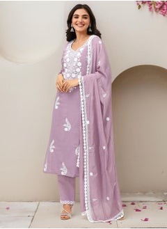 ISHIN Women's Lavender Modal Chanderi Printed Tunic Full Length Casual Straight Fit Kurta Set  - Image 3