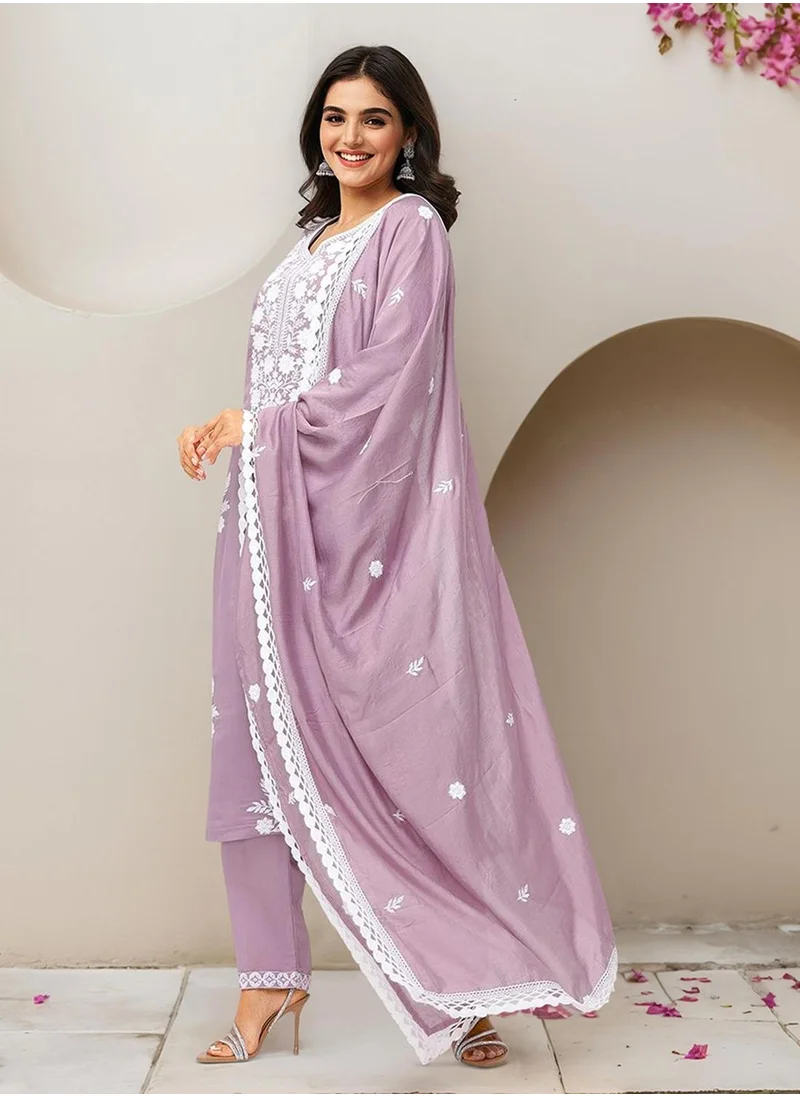 آي شين Women's Lavender Modal Chanderi Printed Tunic Full Length Casual Straight Fit Kurta Set