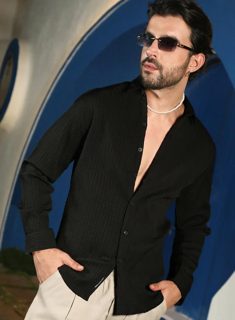 Campus Sutra Men's Onyx Black Chain-Creased Shirt