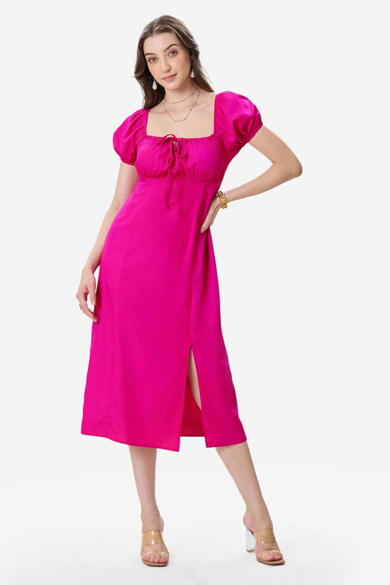 Virgio Abstract Viscose Puff Sleeve Dress for Women