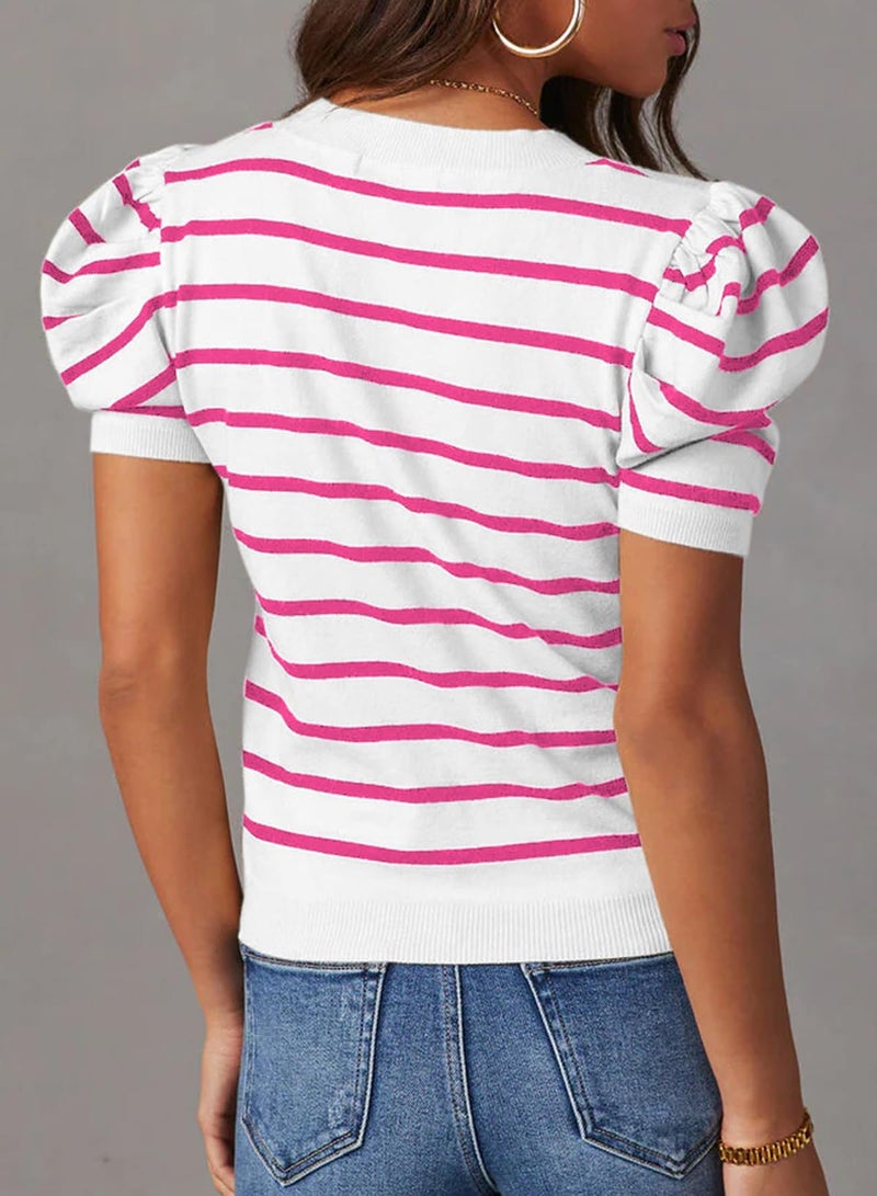 Dokotoo Summer Tops for Women 2026 Fashion Striped Causal T Shirts Lightweight Pullover Knitted Tops Cute Puff Short Sleeve Crewneck Pink Stripe Cute Top Small - Image 3