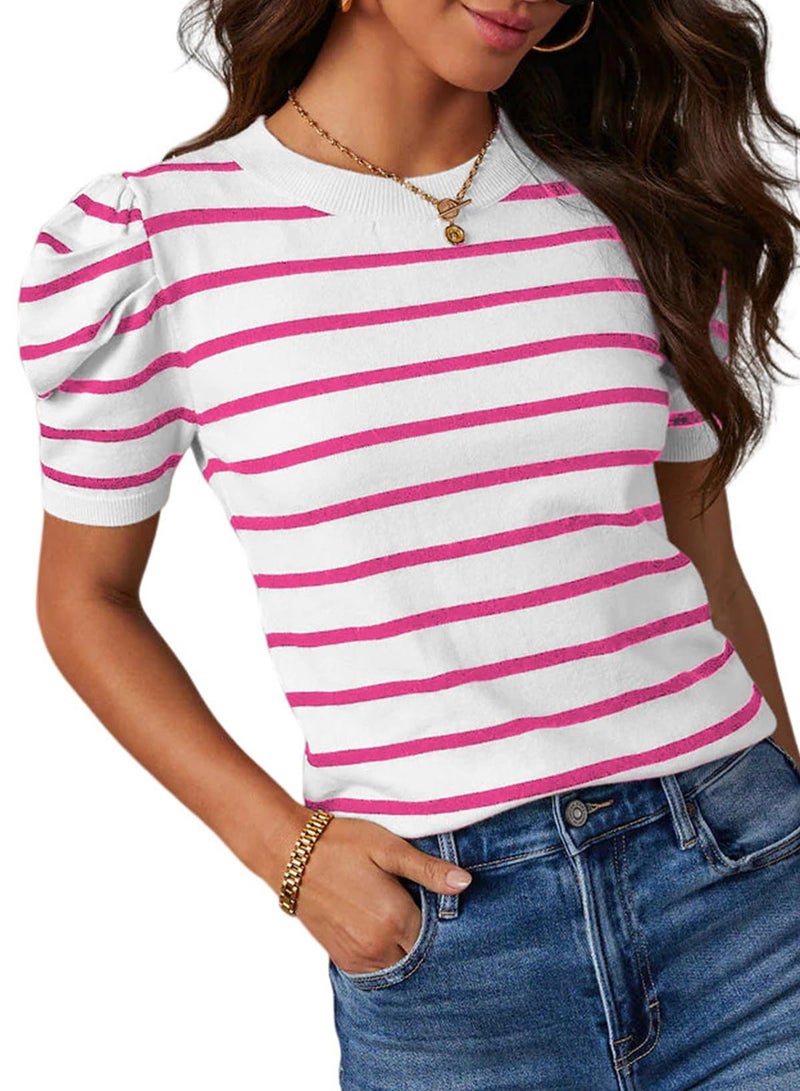 Dokotoo Summer Tops for Women 2026 Fashion Striped Causal T Shirts Lightweight Pullover Knitted Tops Cute Puff Short Sleeve Crewneck Pink Stripe Cute Top Small - Image 1