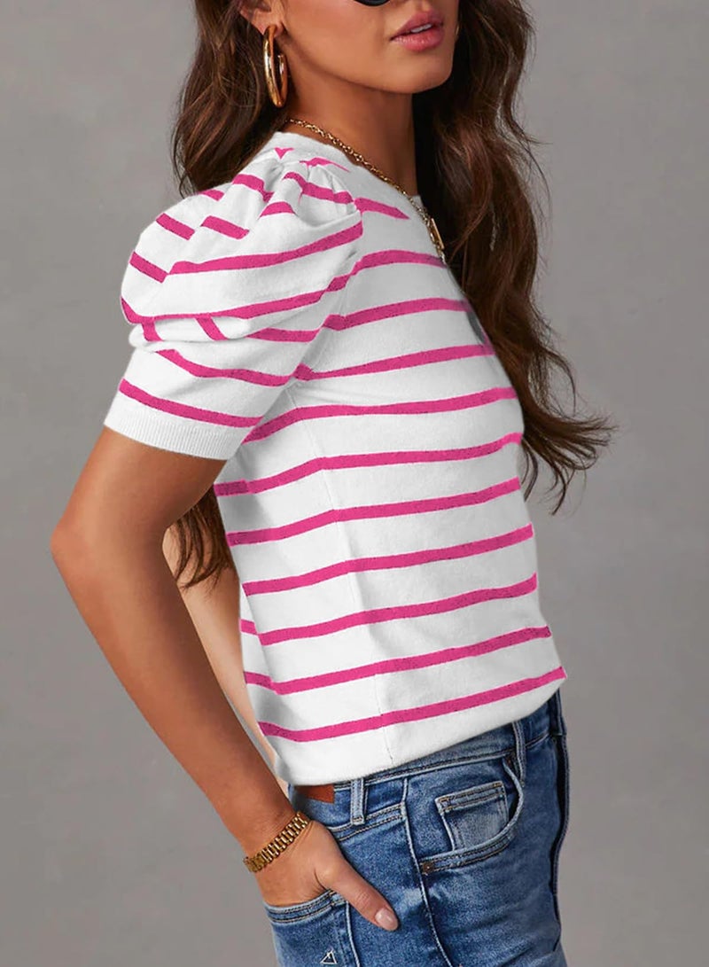 Dokotoo Summer Tops for Women 2026 Fashion Striped Causal T Shirts Lightweight Pullover Knitted Tops Cute Puff Short Sleeve Crewneck Pink Stripe Cute Top Small - Image 2