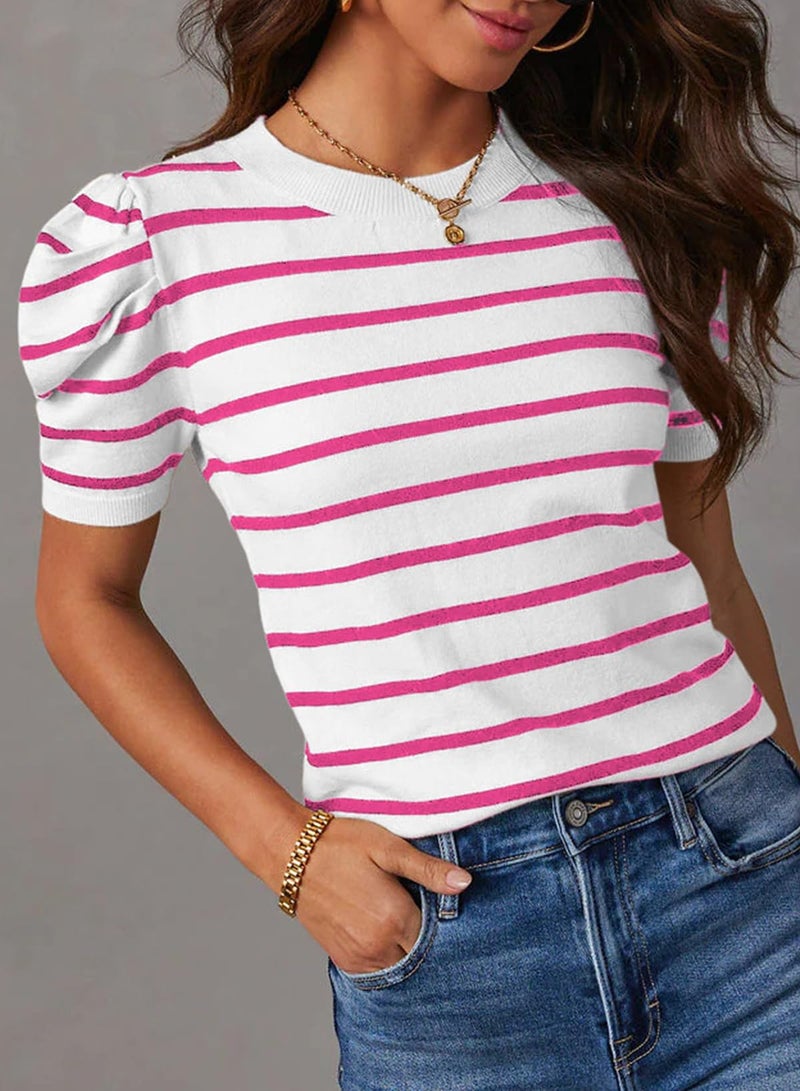 Dokotoo Summer Tops for Women 2026 Fashion Striped Causal T Shirts Lightweight Pullover Knitted Tops Cute Puff Short Sleeve Crewneck Pink Stripe Cute Top Small - Image 5