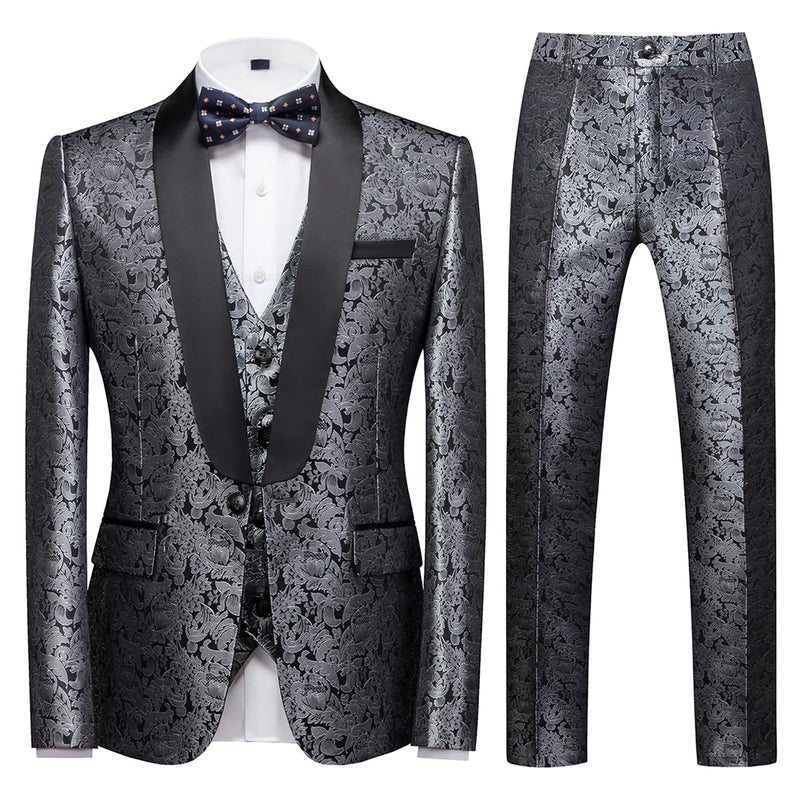 KUDORO Mens Suits Slim Fit 3 Piece Silver Tuxedo Suit Set for Prom Wedding Party Paisley Jacket Vest Pants Homecoming Outfit