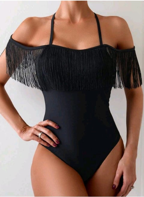 SHEIN Swim Patchwork Tassel Open Back Strapless 1pc Swimsuit