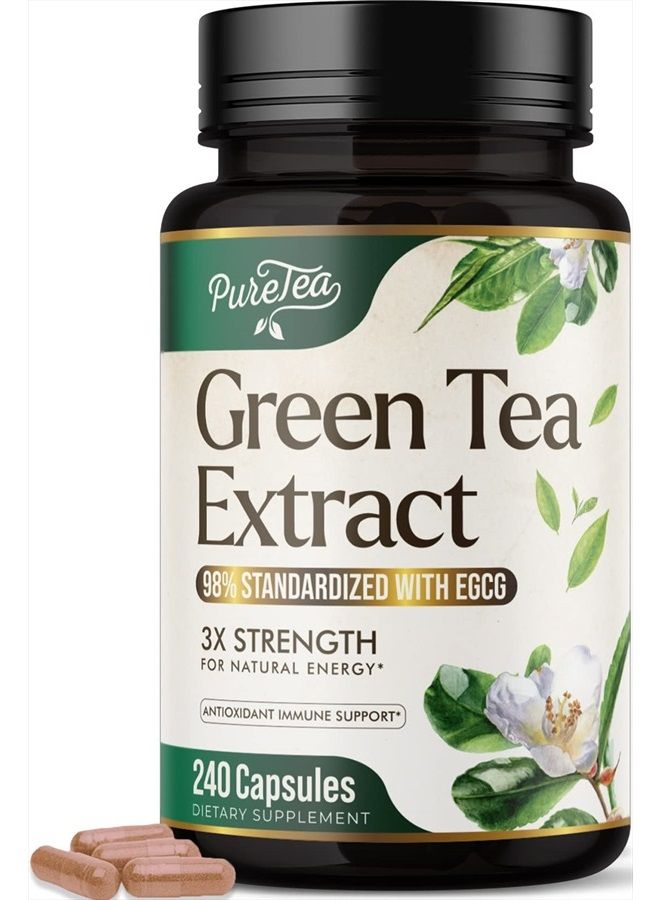 Green Tea Extract Capsules with 98% Standardized EGCG - 3X Absorption Green Tea Pills 1000mg for Natural Energy - Heart Support with Polyphenols and Antioxidants, Gentle Caffeine - 240 Capsules