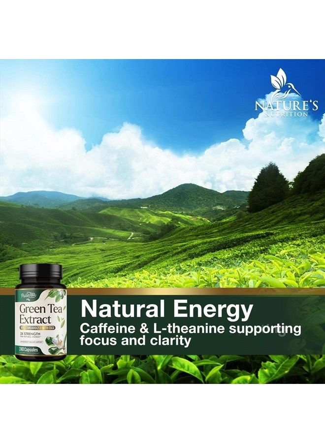 Green Tea Extract Capsules with 98% Standardized EGCG - 3X Absorption Green Tea Pills 1000mg for Natural Energy - Heart Support with Polyphenols and Antioxidants, Gentle Caffeine - 240 Capsules