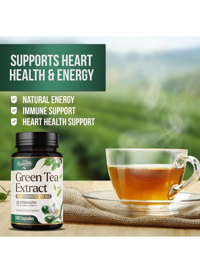 Green Tea Extract Capsules with 98% Standardized EGCG - 3X Absorption Green Tea Pills 1000mg for Natural Energy - Heart Support with Polyphenols and Antioxidants, Gentle Caffeine - 240 Capsules
