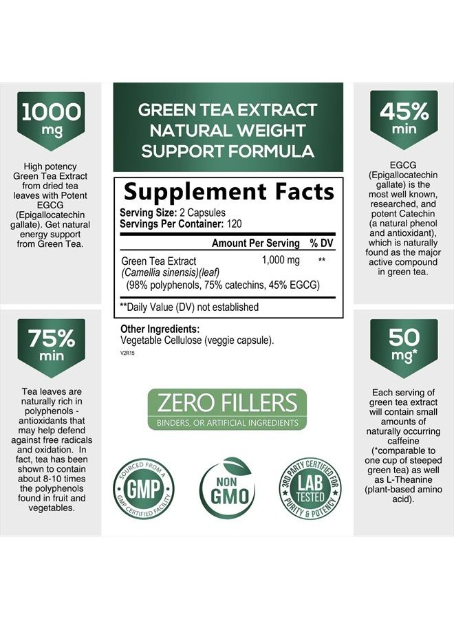 Green Tea Extract Capsules with 98% Standardized EGCG - 3X Absorption Green Tea Pills 1000mg for Natural Energy - Heart Support with Polyphenols and Antioxidants, Gentle Caffeine - 240 Capsules