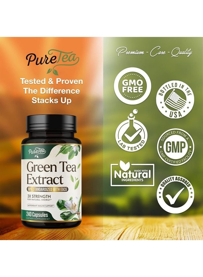 Green Tea Extract Capsules with 98% Standardized EGCG - 3X Absorption Green Tea Pills 1000mg for Natural Energy - Heart Support with Polyphenols and Antioxidants, Gentle Caffeine - 240 Capsules