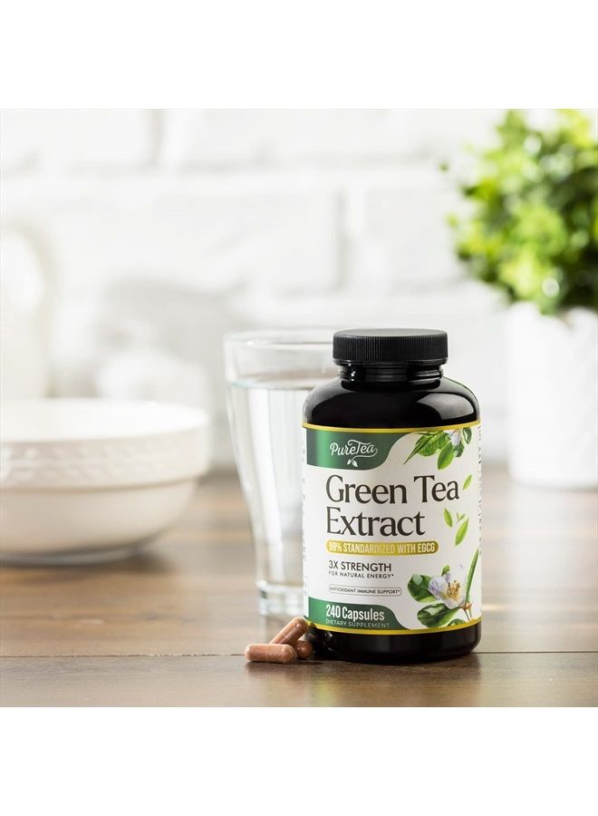 Green Tea Extract Capsules with 98% Standardized EGCG - 3X Absorption Green Tea Pills 1000mg for Natural Energy - Heart Support with Polyphenols and Antioxidants, Gentle Caffeine - 240 Capsules