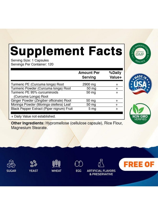 فيتاماتيك مكمل غذائي من الكركمين والكركمين من فيتاماتيك، 3000 ملغ مكافئ لكل حصة، مصنوع من 95% من الكركمينويدات، الفلفل الأسود، الزنجبيل، المورينجا، 120 كبسولة نباتية، غير معدل وراثيًا، خالٍ من الغلوتين (120 كبسولة) - Image 2